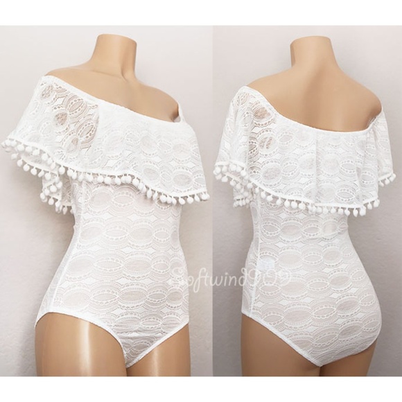 The Clothing Company Tops - Last One ☝️ Off Shoulder Pom Pom Lace Bodysuit